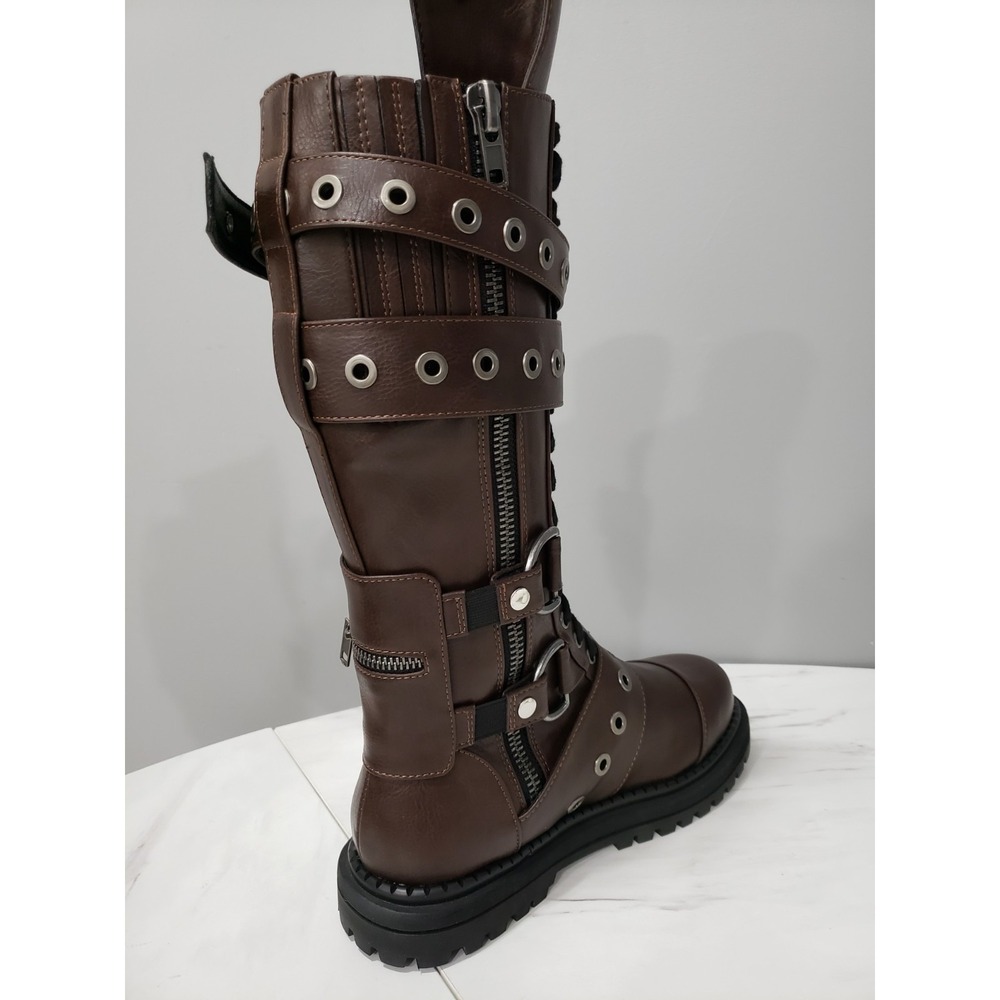 SIZE 9 Dolls Kill Club Exx COMBAT BOOTS STEAMPUNK cyberpunk gothic strappy brown - Picture 14 of 16